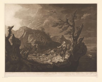 Stormfuldt landskab med bard på kanten af ​​en klippe af John Raphael Smith