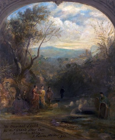 Den originale skitse til den store trappe i Newstead Abbey, Nottinghamshire, 1832 af John Rawson Walker