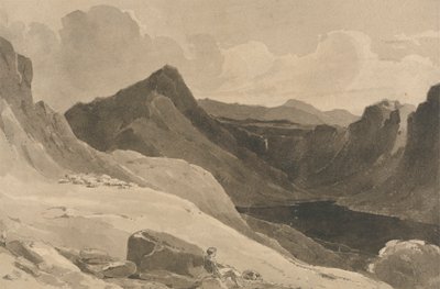 Et bjerglandskab med en hyrde af John Renton