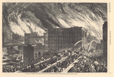 Chicago i flammer - jagten efter livet over Randolph Street Bridge, illustration fra Harpers Weekly, 1871 af John Reuben after Chapin