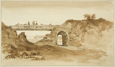 Midlertidig bro på Coronation Road overfor New Gaol, ca. 1821 (blyant og sepia vask på papir) af John Reverend Eden