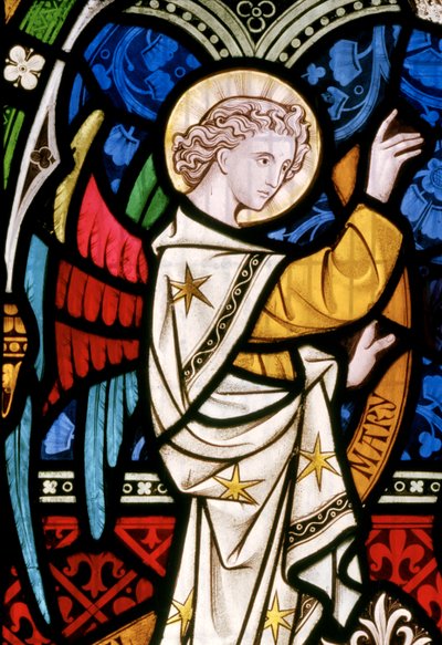 Maulden, St Mary, østvindue, detalje, Clayton & Bell, John Richard Clayton (1827-1913), engel, detalje, Kristus i majestæt, ca. 1859 Mary af John Richard Clayton