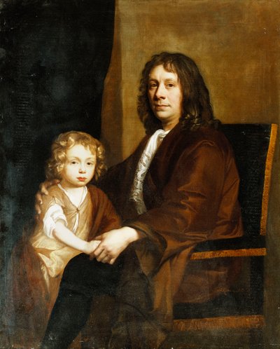 Portræt af Thomas Rowe og hans søn, siddende i trekvart længde, førstnævnte i brun kjole, sidstnævnte i brun kjole og svøb, af John Riley