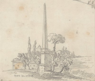 En obelisk med tage og træer i det fjerne af John Robert Cozens