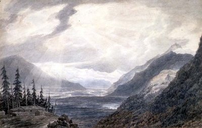 PD.6-1965 Pays de Valais, nær Genevesøen, ca. 1776 (indisk blæk, blyant og vask på papir) af John Robert Cozens