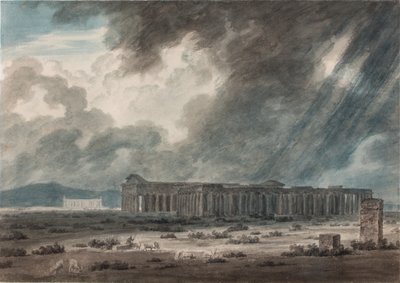 Ruinerne af Paestum nær Salerno: De tre templer, ca. 1792 (akvarel, blæk og blyant på papir) af John Robert Cozens