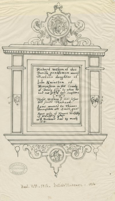 Rugeley Church (gamle) - Monument til Richard Weston: pen- og blæksporing af John Robert Fernyhough