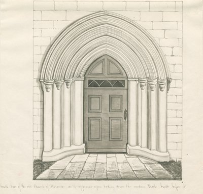 Uttoxeter Church - South Door: pen og vask tegning, og [midten af det 19. århundrede] (tegning) af John Robert Fernyhough
