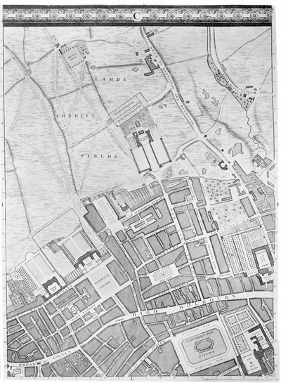Et kort over Bloomsbury og Holborn, London, 1746 af John Rocque
