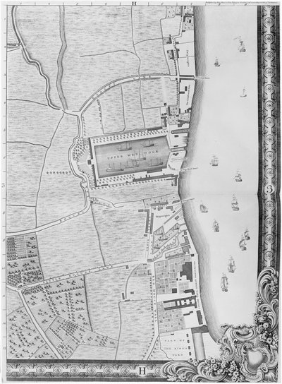 Et kort over Lower Rotherhithe Docks, London, 1746 (gravering) af John Rocque