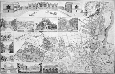 En plan over huset, haverne, parken og plantagerne i Wanstead, sædet for jarlen af Tylney, 1735 af John Rocque