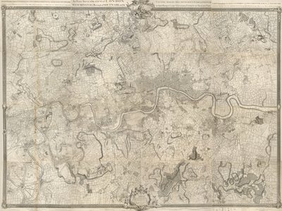 Et kort over london fra det 18. århundrede. En nøjagtig undersøgelse af byens London, Westminster ye Borough of Southwark og landet i nærheden af ti miles rundt begyndte i 1741 og sluttede i 1745 / af John Rocque landinspektør & (indgraveret) af Richard Pa af John Rocque