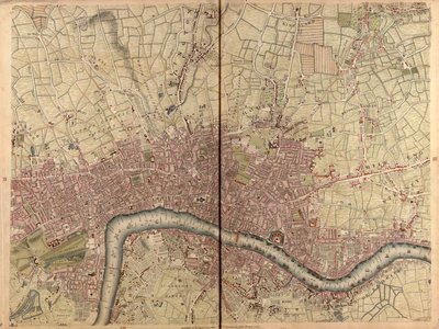 "En nøjagtig opmåling af byerne London og Westminster, bydelen Southwark, med landet næsten ti miles rundt", ca. 1746 (stik) af John Rocque