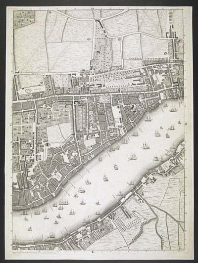 Plan over London, Ratcliff motorvej, Upper Shadwell road,  En plan over byerne London og Westminster og bydelen Southwark; : med de sammenhængende bygninger; Fra en faktisk undersøgelse, / taget af JOHN ROCQUE, Land-Surveyor, og graveret af John Pine,  J af John Rocque