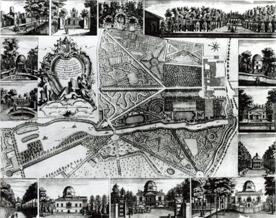 Plan over haven og udsigt over husene ved Chiswick på Themsen af John Rocque