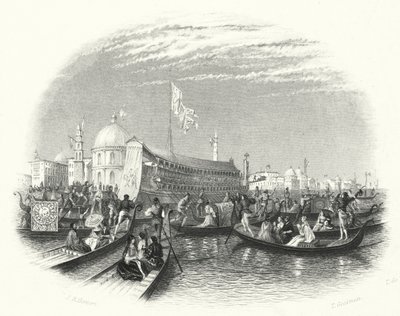 Havets ægteskab. Dogens pram og gondoler på vandet i Venedig (gravering) af John Rogers (after) Herbert