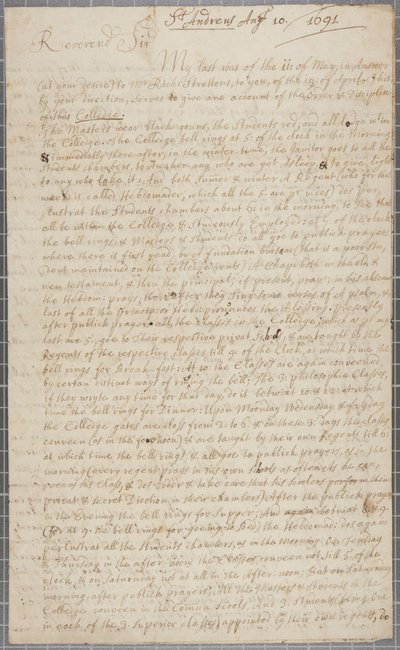 Et brev fra John Row, en elev ved St. Andrews, til sin onkel, 1691 af John Row