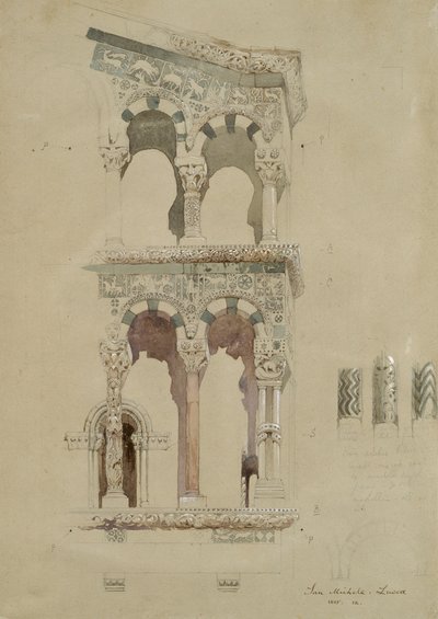En del af facaden af den ødelagte kirke San Michele i Foro, Lucca, som den så ud i 1845, Ma af John Ruskin