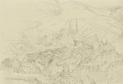 Udsigt over Luzern fra oven, oktober-december 1861 (grafit med strejf af pen og blæk på bleggråt vævet papir) af John Ruskin