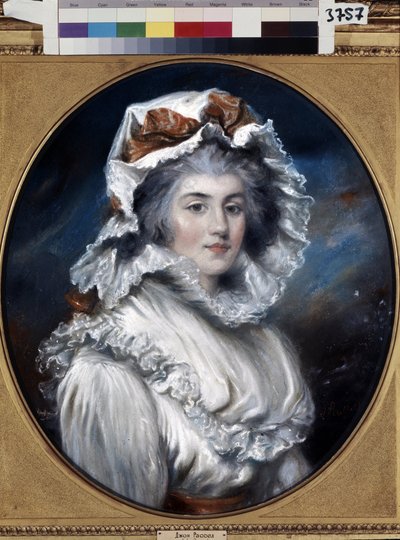 Portræt af en ung kvinde med en kasket (Portræt af en pige i en kasket). Tegning af John Russell (1745-1806). Pastel på papir, anden halvdel af 1700-tallet. Engelsk kunst fra det 18. århundrede. Eremitagemuseet, Sankt Petersborg. af John Russel