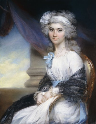 Portræt af frøken Sophia Vansittart, trekvart længde, iført en hvid kjole med et hvidt bånd om sit pulveriserede hår og et sort sjal draperet om hendes skuldre, siddende ved siden af en klassisk søjle, af John Russell