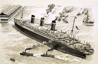 Dampskibet Leviathan lokkes ind mod en mole i New Yorks havn af slæbebåde. af John S. Smith