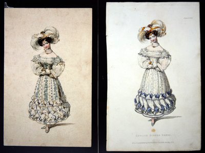 Skitse og tryk af en modeplade, ca. 1829 (blyant og akvarel på papir og håndkoloreret gravering) af John Samuel Agar