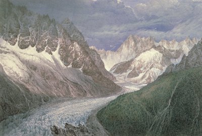 Udsigt over Mer de Glace med Aiguille du Moine til venstre og Grandes Jorasses i det fjerne til højre, 1800-tallet af John Scandrett Harford