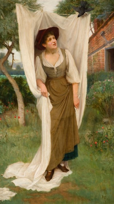 Vasketøjet forskrækket af en solsort, 1891. af John Scott
