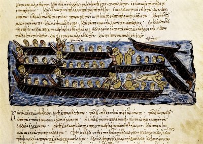 En russisk flåde, miniature fra "Synopsis historiarum", ca. 1126-1150 af John Scylitzes
