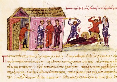 Munkene Saint Theophanes the Confessor (ca. 759-818) og Saint Theodore the Studite (759-826) piskede på ordre af kejser Theophile, miniature fra "Synopsis historiarum", ca. 1126-1150 af John Scylitzes