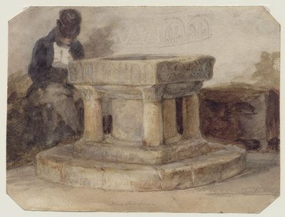 The Font of New Shoreham Church, West Sussex, med kunstneren, William Scott fra Brighton, der sover af John Sell (style of) Cotman
