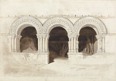 Buer i vestsiden af klosteret St. Georges de Boscherville, nær Rouen, Normandiet, ca. 1818 (grafit, brun vask og pen og blæk på papir på kort) (se 172543) af John Sell Cotman