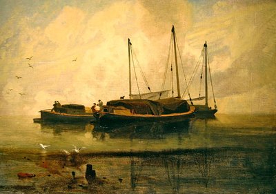 Boats at Anchor, Bladon Water, Norfolk (olie på lærred) af John Sell Cotman