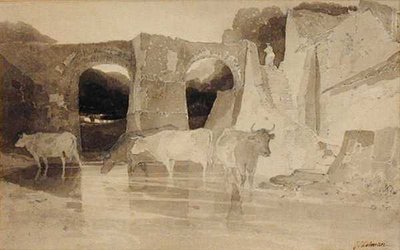 Bro og køer (pen og blæk og vask på papir) af John Sell Cotman