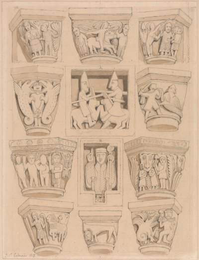 Hovedstæder og A & B Bas-relieffer i Abbey Church of Saint Georges de Bocherville, nær Rouen, Normandiet af John Sell Cotman
