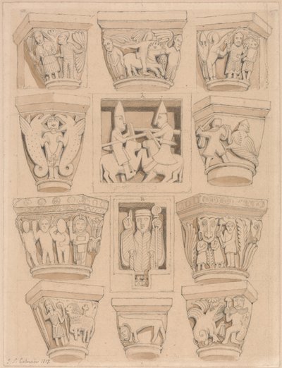 Hovedstæder og A & B Bas-Reliefs i Abbey Church of Saint Georges de Bocherville, nær Rouen, Normandiet af John Sell Cotman