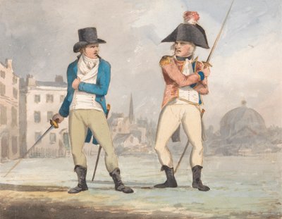 Karikatur af to mænd med trukne sværd (en af et sæt på tre) af John Sell Cotman