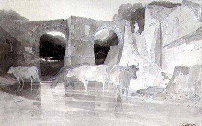 Kvæg i en flod (pen & blæk og vask) på papir af John Sell Cotman