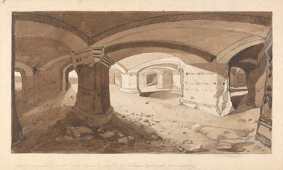 Huler udgravet i klippen inden for slottet Chateau Gaillard, nær Andelys, Normandiet af John Sell Cotman