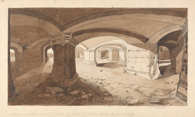 Huler udgravet i klippen inden for slottet Chateau Gaillard, nær Andelys, Normandiet af John Sell Cotman