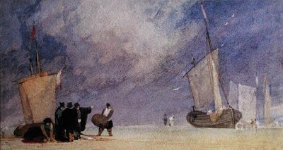 Figurer af kysten, der losser en båd ved lavvande (pen & brunt blæk og akvarel på papir) af John Sell Cotman