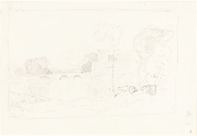 Landskabsskitse med bro og slot af John Sell Cotman