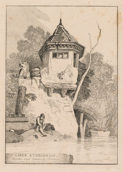 Liber Studiorum; Frontispice, udsigt over et havehus på bredden af floden Yare af John Sell Cotman