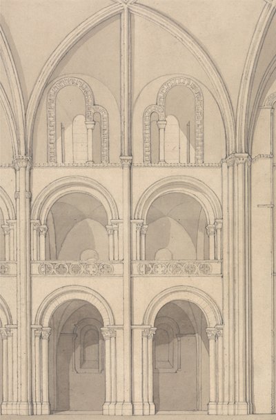 Perspektivisk opstalt af en del af klosterkirken Saint Stephen i Caen, Normandiet af John Sell Cotman