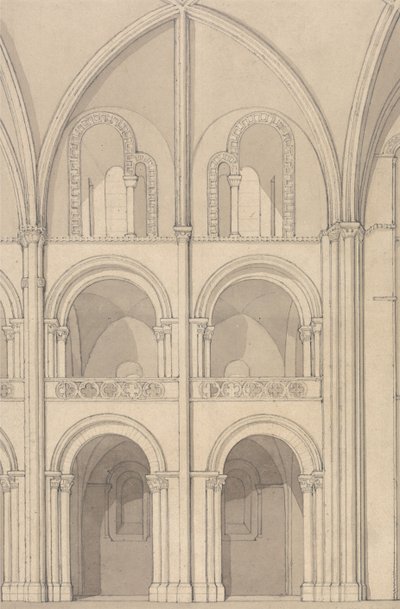 Perspektivisk optegning af en del af klosterkirken Saint-Étienne i Caen, Normandiet af John Sell Cotman