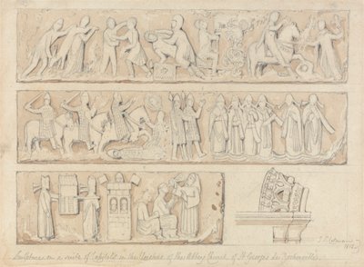 Skulptur på en suite af hovedstæder i klostrene i klosterkirken Saint Georges de Boscherville, nær Rouen, Normandiet af John Sell Cotman