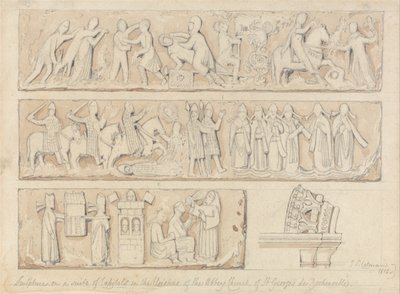 Skulptur på en række kapitæler i korsgangen i klosterkirken Saint Georges de Bocherville, nær Rouen, Normandiet af John Sell Cotman