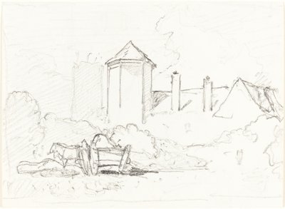 Skitse af bygninger med vogn og heste i forgrunden af John Sell Cotman