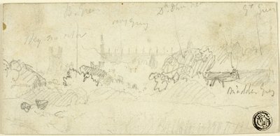 Skitse af landskab med katedral af John Sell Cotman